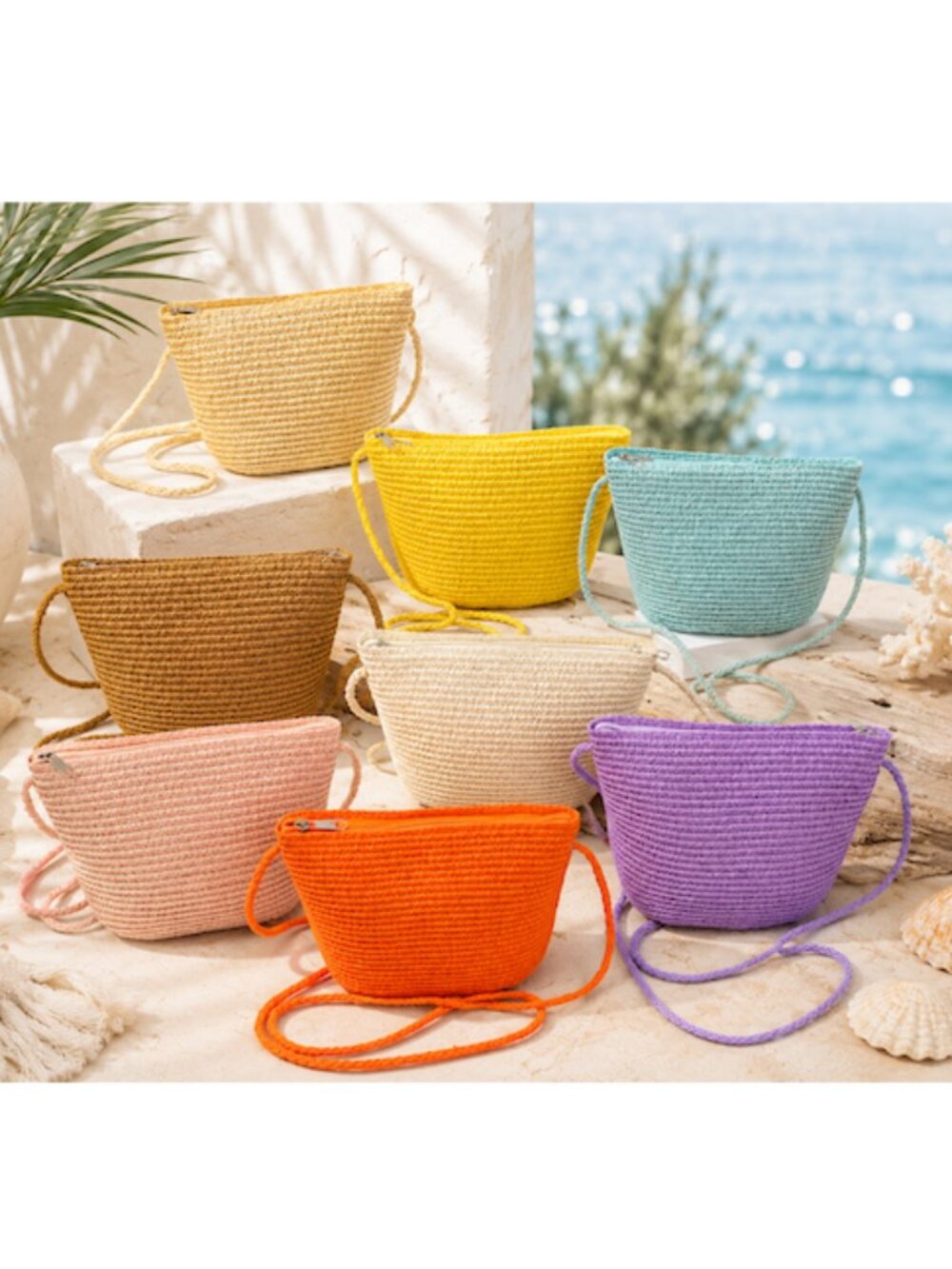 Women's Purple Hand Woven Straw Mini Crossbody Bag Boho Summer Purse NEW - Picture 9 of 9